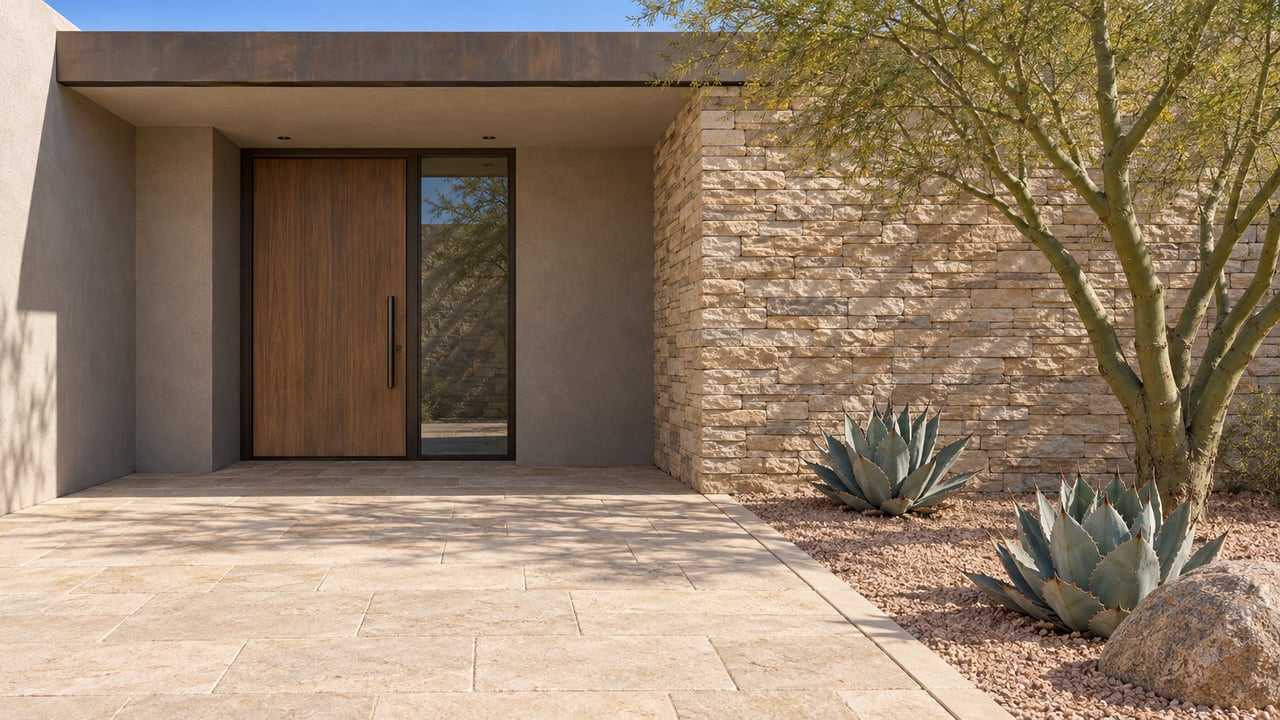 Desert-modern home entry with a walnut door, warm-gray stucco, stacked buff stone and limestone paving beside a palo verde and two agaves.