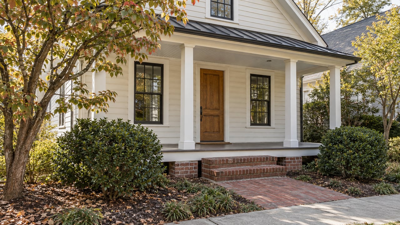 Older off-white house with a raised porch, oak door, brick steps, and two shrubs in separate garden beds.