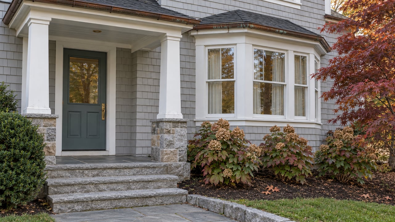 Pale shingle home with a covered entry, bay window, granite steps and autumn garden planting in soft evening light.