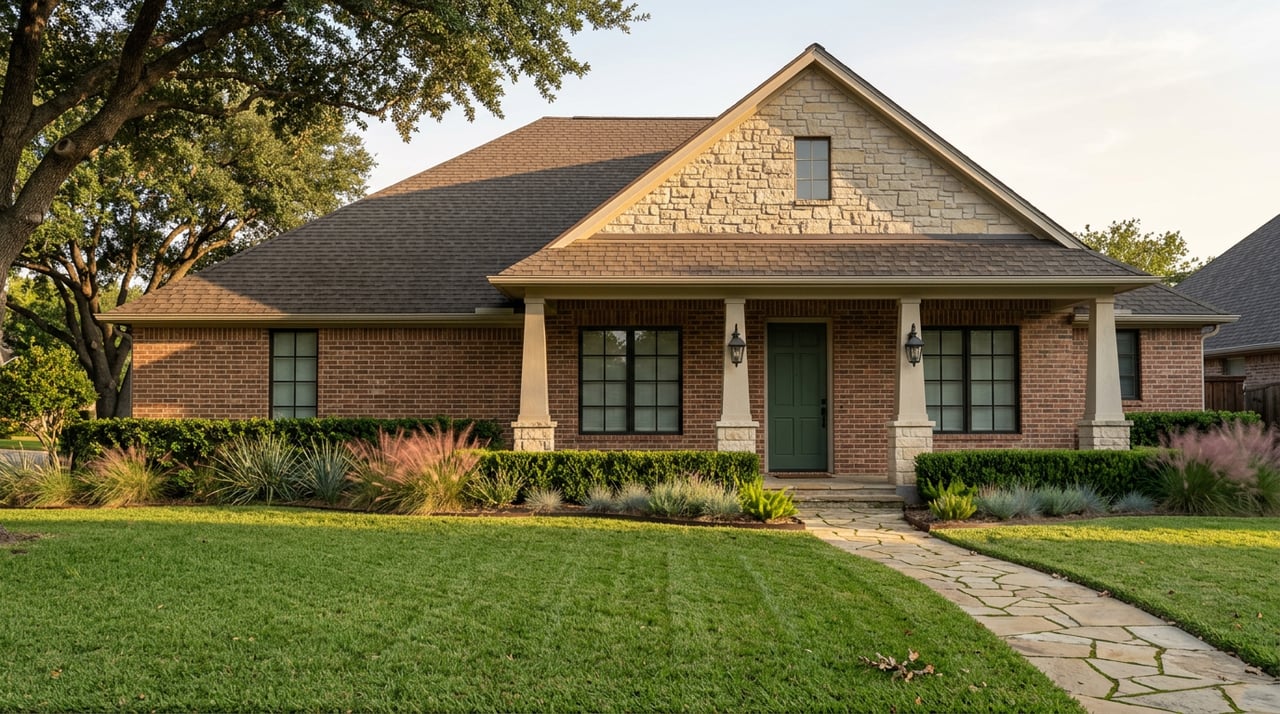 Two-story brick-and-limestone house with a deep-green door, curving flagstone path, lawn, and live oak.