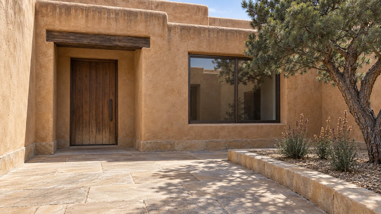 Sunlit ochre-plastered home entry with a recessed walnut door, bronze-framed window, sandstone paving, and a sculptural pine in a raised planting bed.
