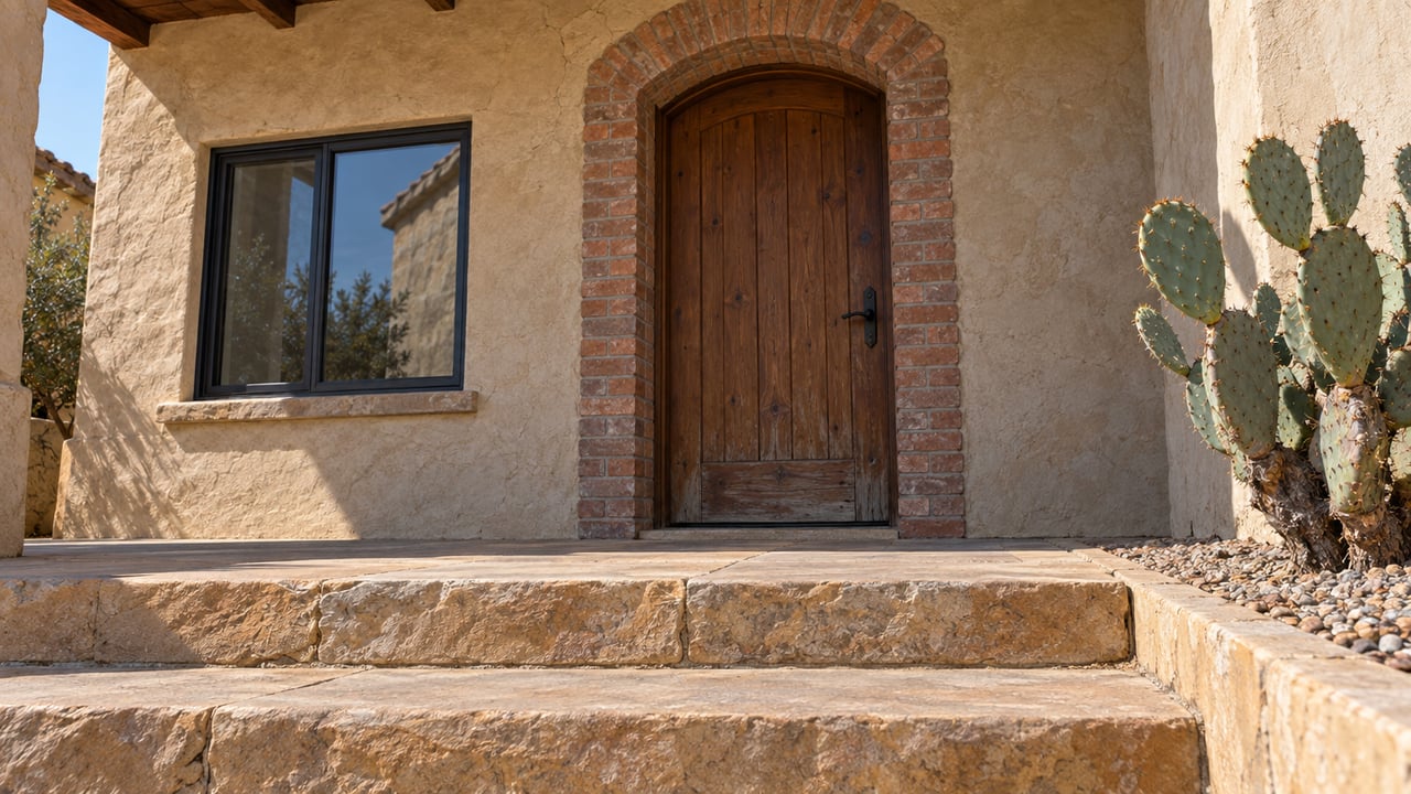 Southwestern home entry with an arched wooden door, stone steps, and a prickly pear cactus.