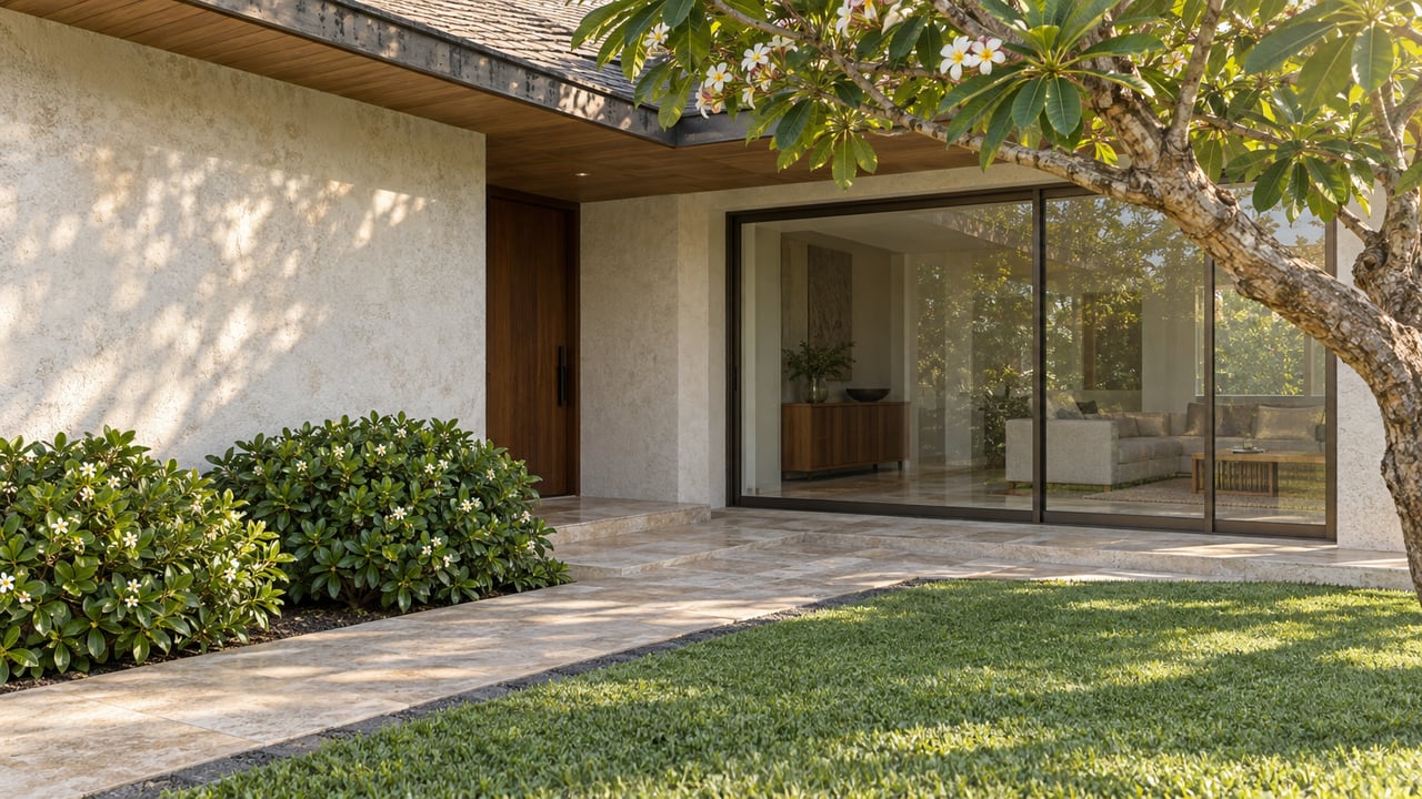 A stucco home with a recessed timber entry, glass doors, and a plumeria tree shading the stone path.