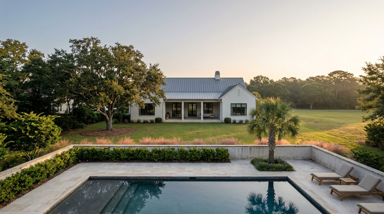 Elevated view of a private estate terrace and pool, with teak loungers, a palm, and a broad live oak beyond the lawn.