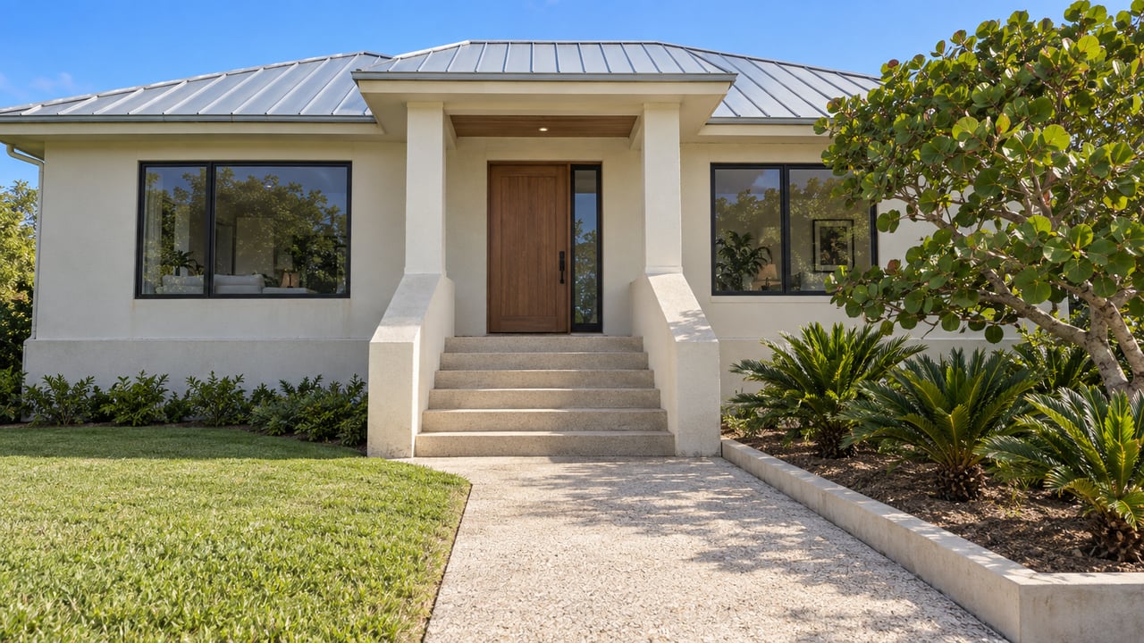 Elevated cream-stucco home with a silver metal roof, broad entry steps, sea grape tree and coontie beside a shell-aggregate garden walk.