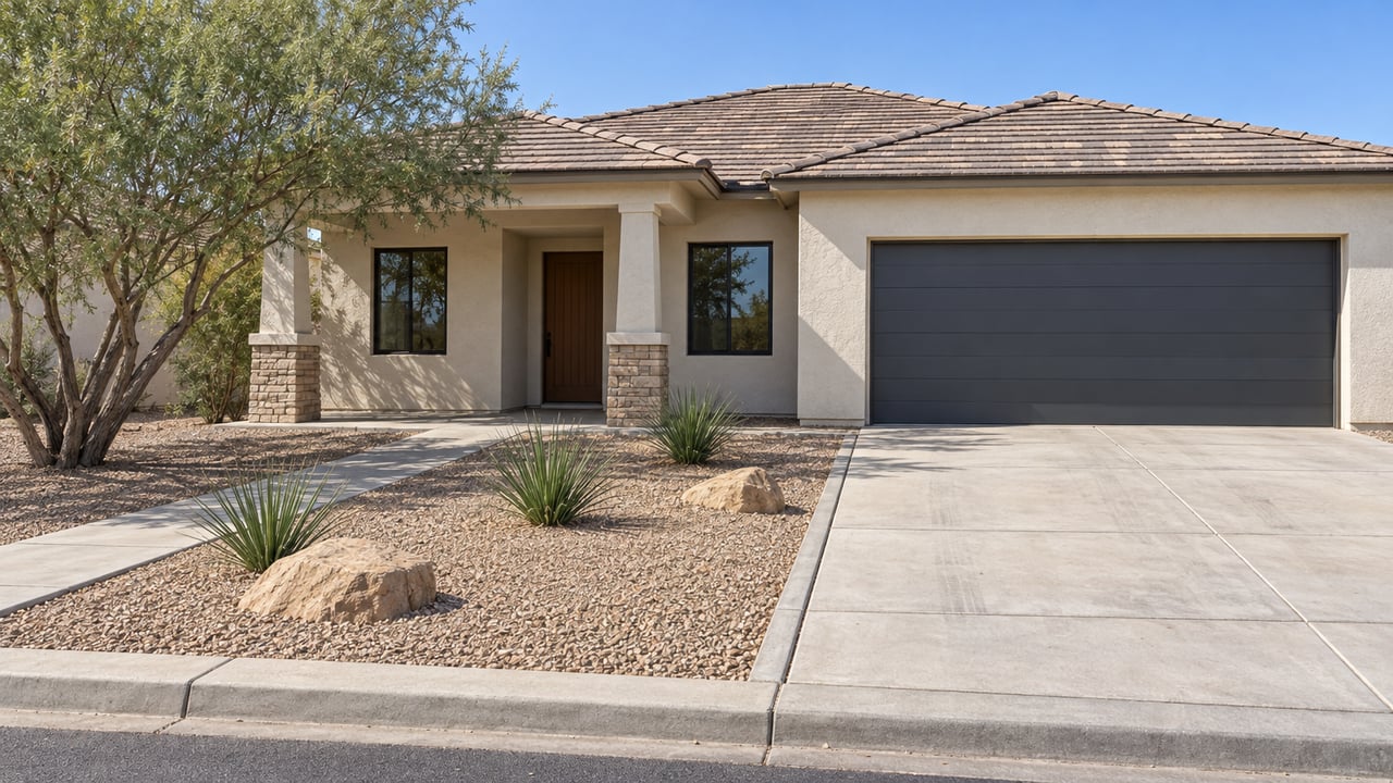 Single-story stucco home with a covered stone-column porch, charcoal garage door, broad concrete approach, and desert willow in a gravel planting court.