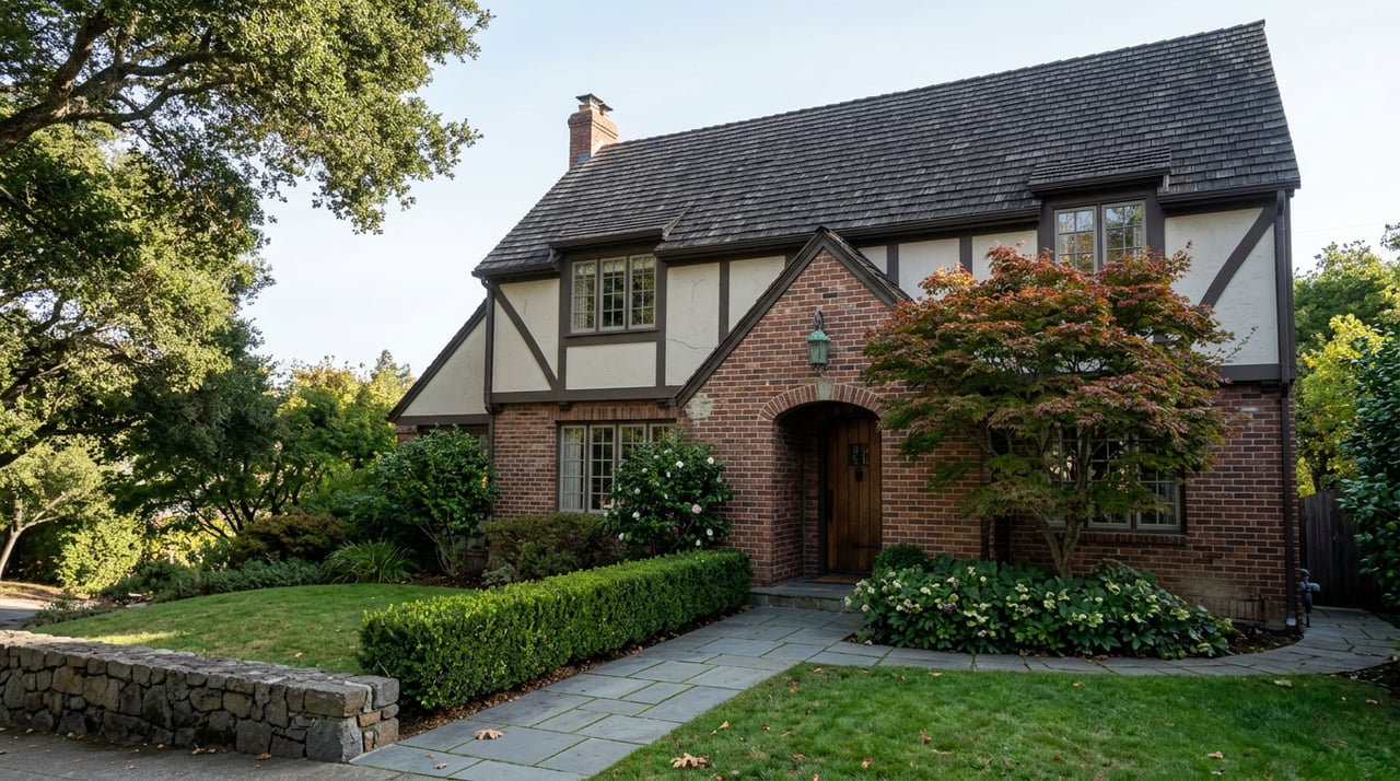 Two-story Tudor-style home with brick and half-timbered facade, arched entry, and garden path.
