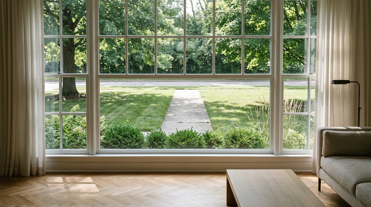 Living room with a divided-light window overlooking a front lawn, sidewalk, and leafy trees.