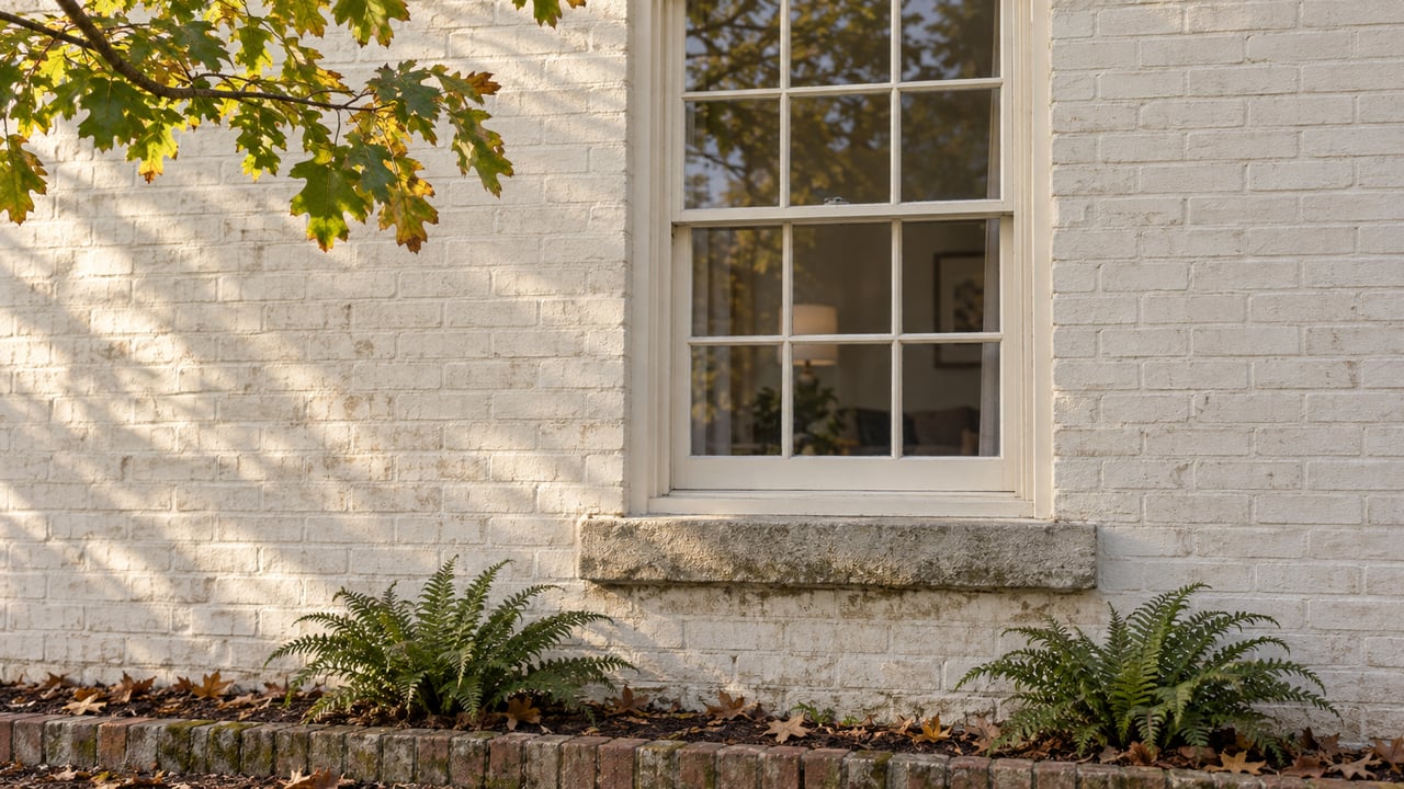 Cream six-over-six window in off-white brick, with an oak branch above and ferns below.