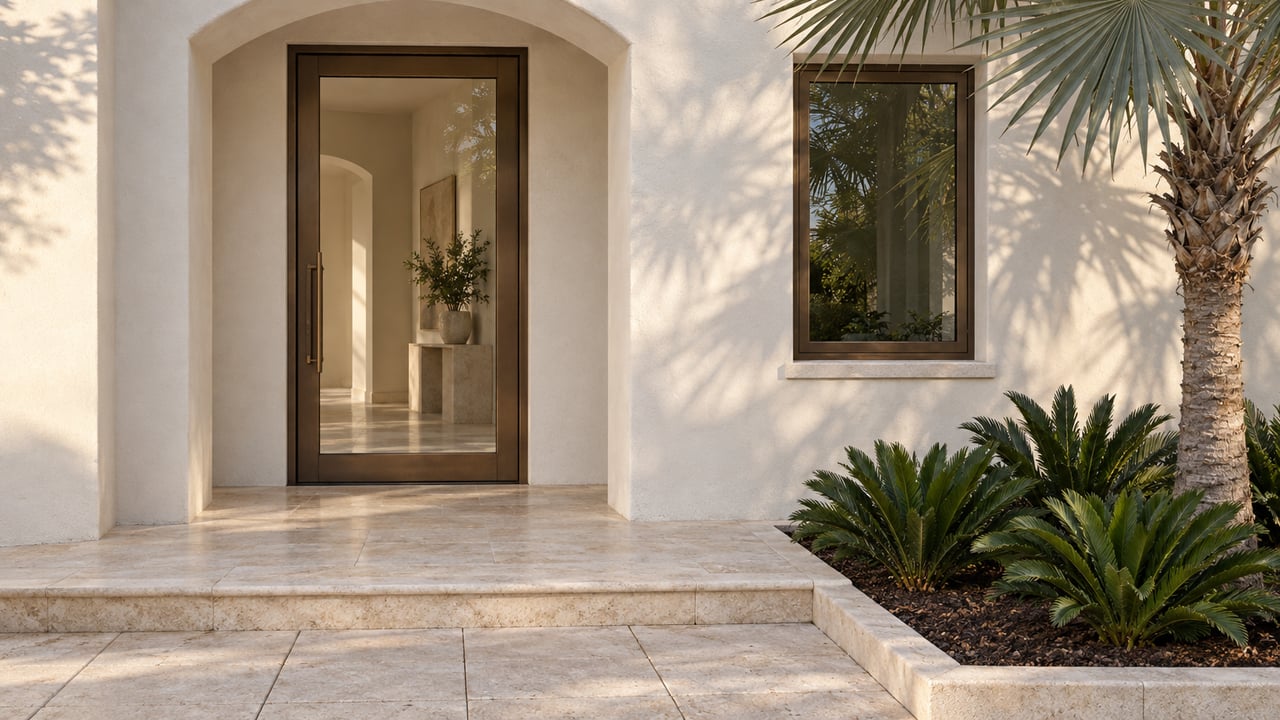 Sunlit stucco entry with a bronze-framed glass door, limestone steps and a silver thatch palm beside a raised planting bed.