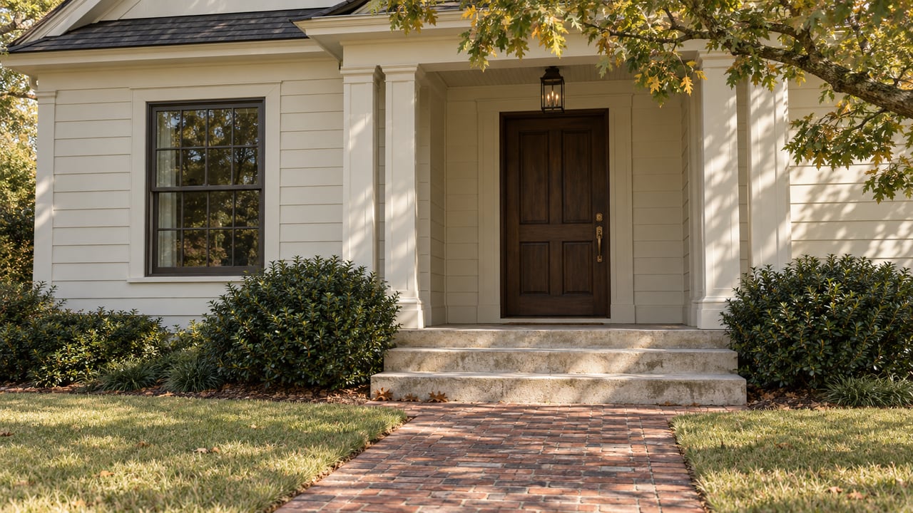 Ivory-sided house entry with a dark oak door, limestone steps, brick walk, and oak branches overhead.