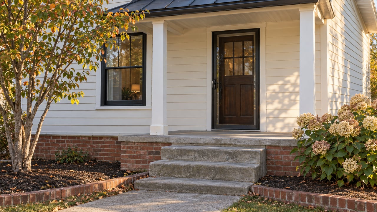 Older brick-and-siding home with a dark paneled entry, three concrete steps, and faded hydrangea blooms.