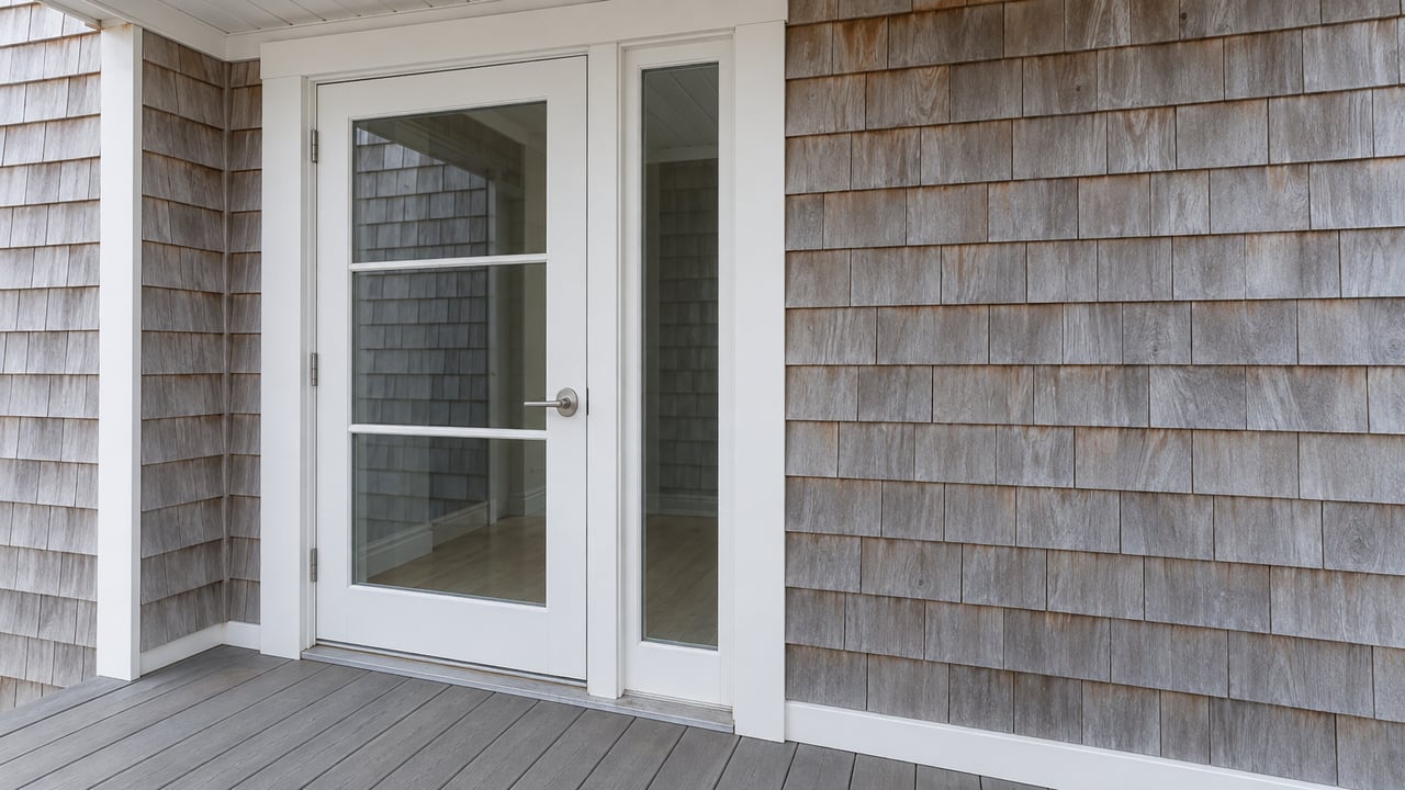Silver-gray cedar shingles surround a closed glass entry door above a weathered gray landing.