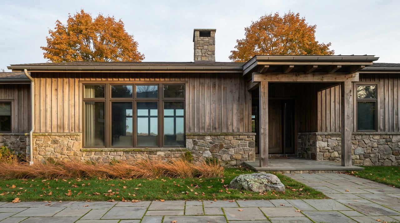 Stone-and-timber home with a broad window wall, timber entry portico, and amber trees above the roofline.