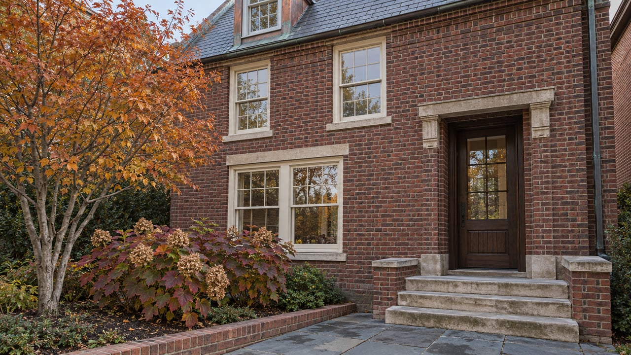 A close-set brick home with slate roof, copper dormer, limestone entry steps and autumn planting beside a bluestone approach.