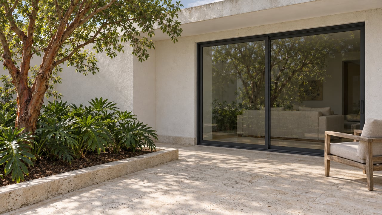 Sunlit limestone terrace beside white stucco and dark-framed glass doors, with a weathered teak chair and a copper-barked tree.