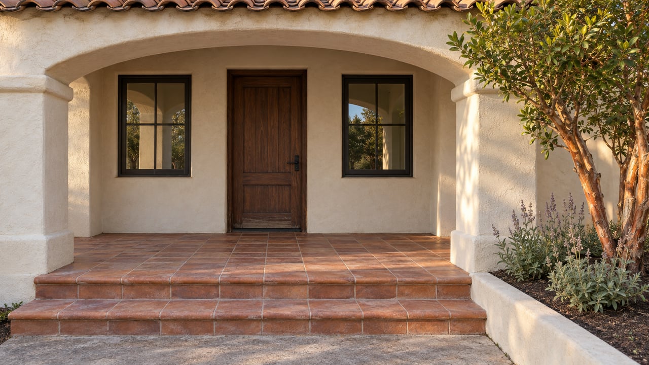 Cream stucco home with a broad arched porch, dark timber door, paired windows and weathered terracotta entry steps.