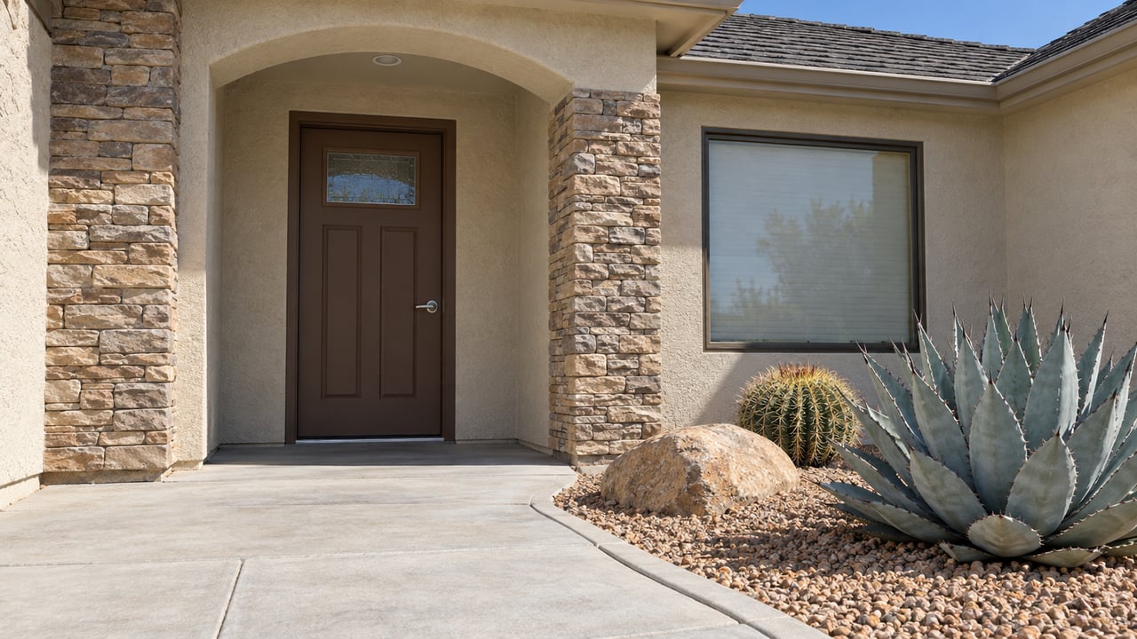 Cream stucco home entrance with a shallow arch, buff stone, a concrete approach and two sculptural desert plants.
