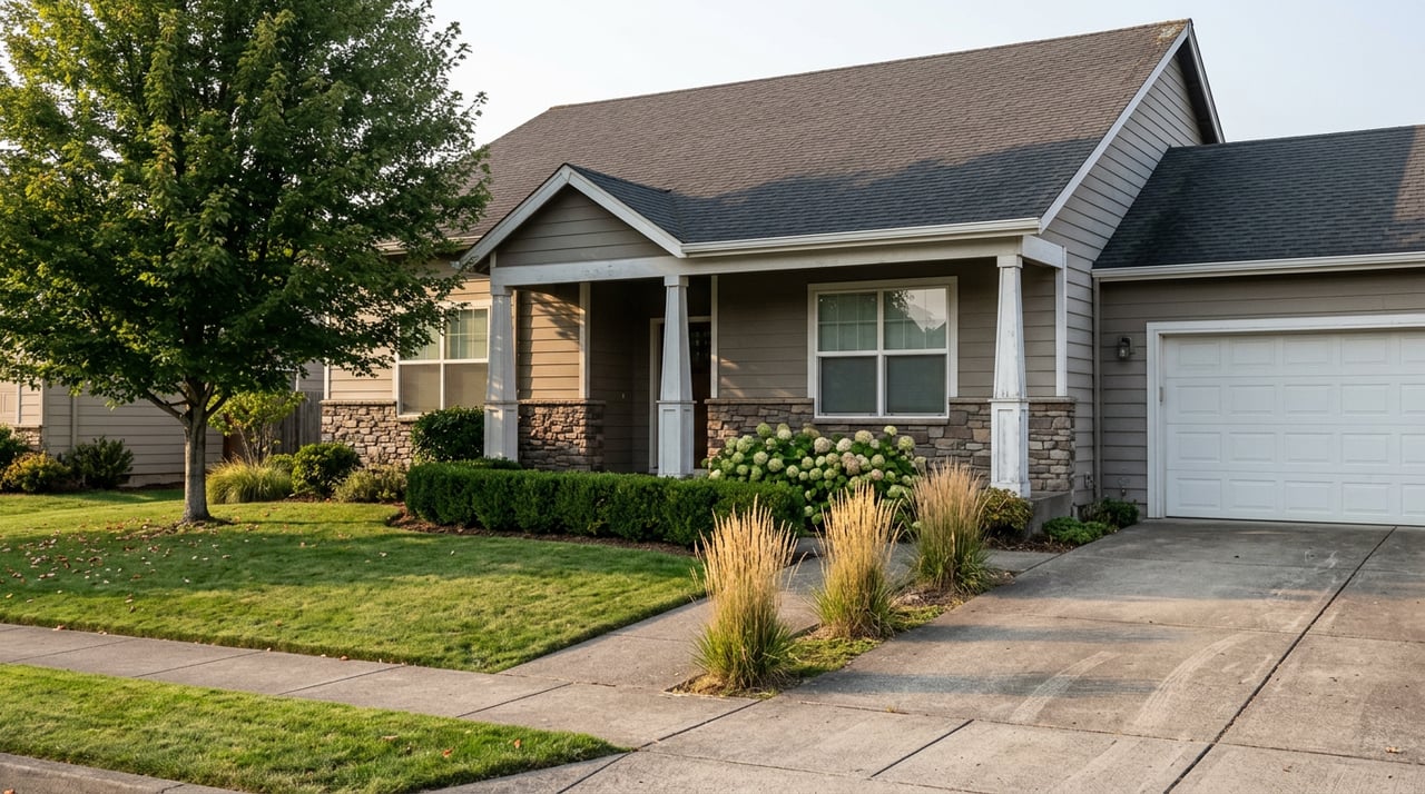 Two-story gray house with a stone-trimmed porch, attached garage, broad lawn, and mature maple tree.
