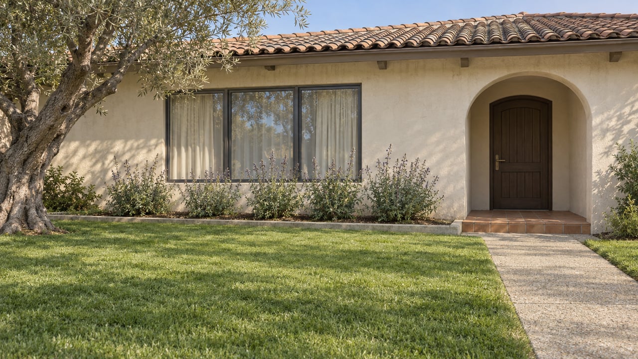 A warm stucco home with a clay-tile roof, arched oak entry, broad front lawn, and mature olive tree in late-morning sunlight.