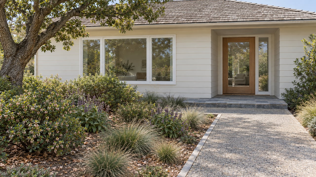 A weathered cream-sided home with a glazed oak entry, broad concrete approach and native planted garden beneath a mature oak.