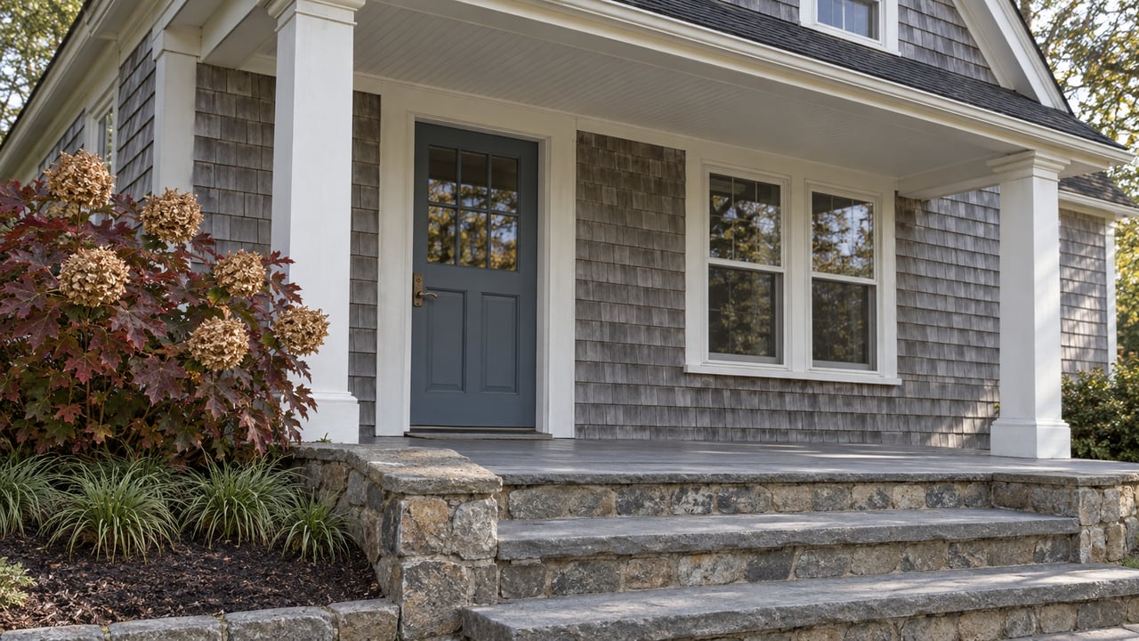 Gray shingle home with a covered porch, blue front door, bluestone steps and burgundy oakleaf hydrangea.