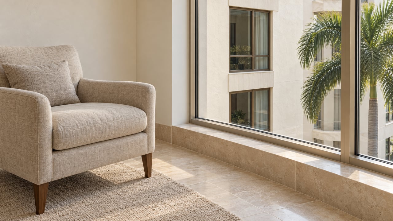 Sunlit condominium sitting-room corner with an oatmeal linen chair, limestone flooring and tall champagne-framed windows overlooking a palm and cream stucco facade.