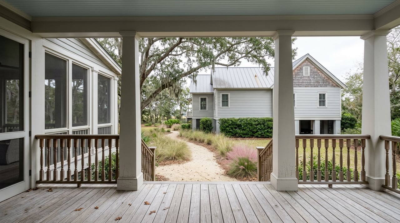 Coastal home’s porch overlooks a shell path, sea oats, and a live oak draped with Spanish moss.