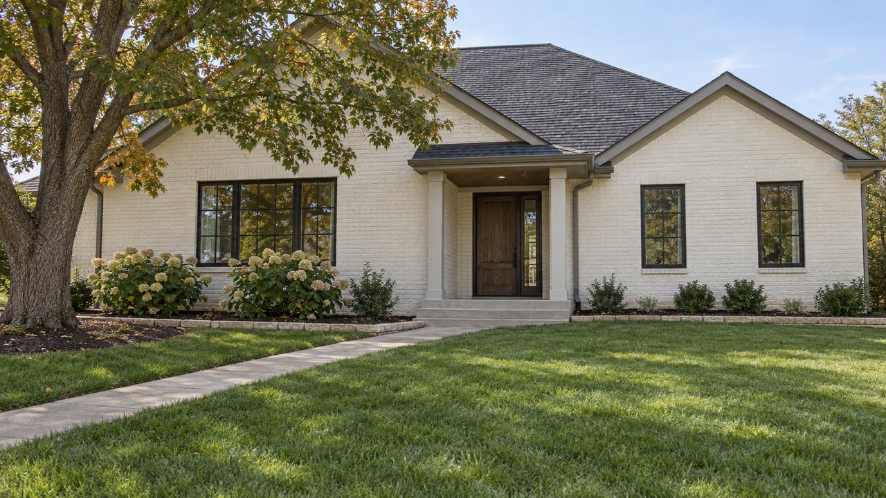 Cream brick single-story home with black-framed windows, a sheltered oak entry, deep lawn and mature oak tree.