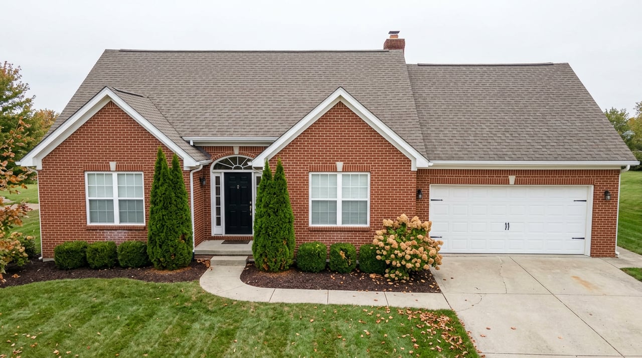 Two-story red brick home with intersecting gables, an attached garage, and evergreen foundation plantings.