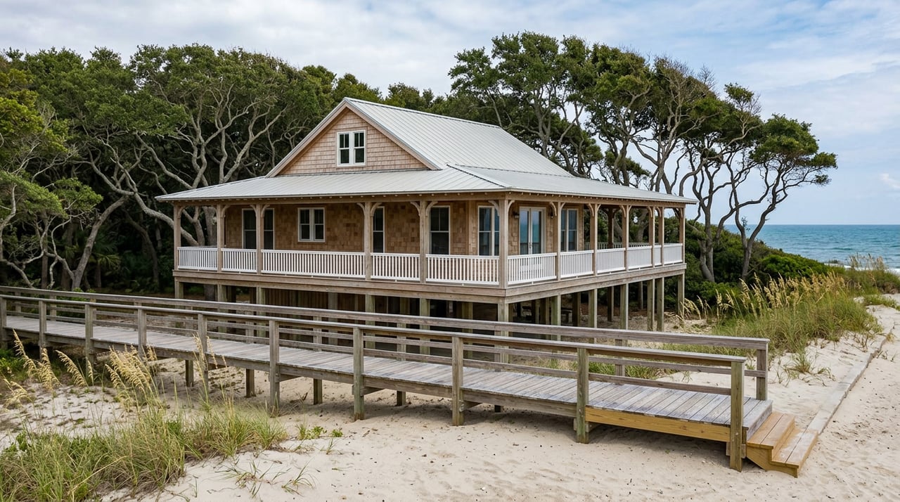 Elevated shingle-sided coastal home with white-railed porch, beyond a dune boardwalk bordered by sea oats.
