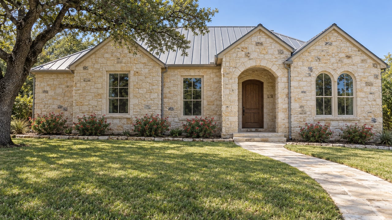 Limestone home with a standing-seam metal roof, arched entry, mature spreading oak, and a broad sunlit front lawn.