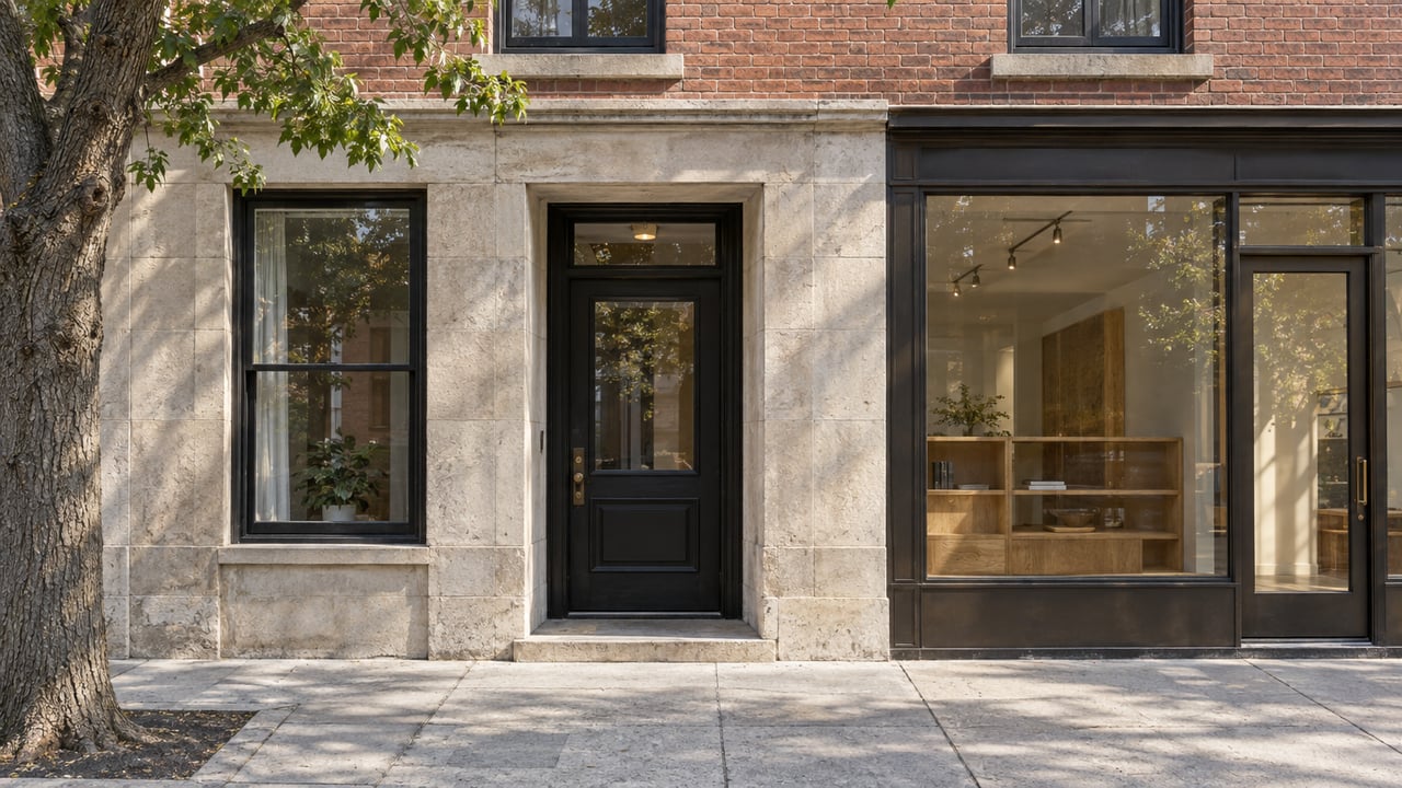 Brick facade with a recessed residential entry, adjacent glazed shopfront, and sidewalk tree.