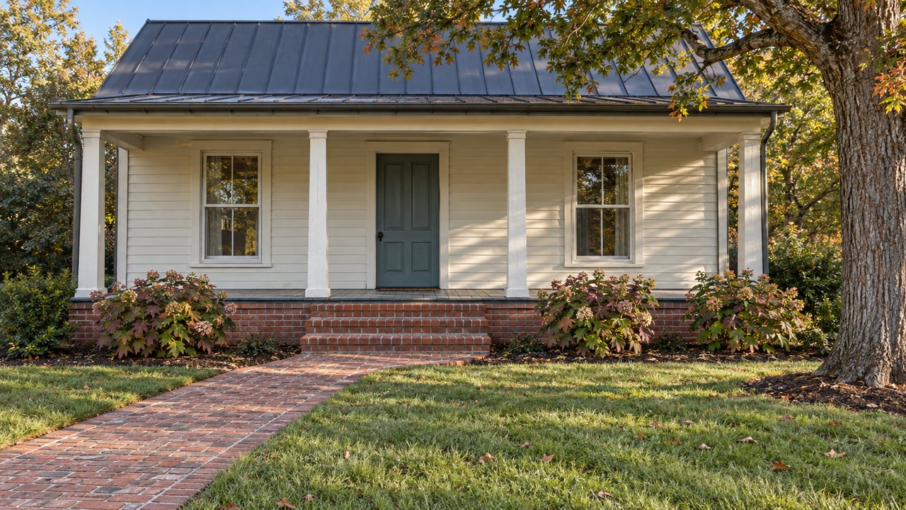 Cream clapboard cottage with a brick porch and garden path, oak canopy, and autumn oakleaf hydrangeas in morning light.