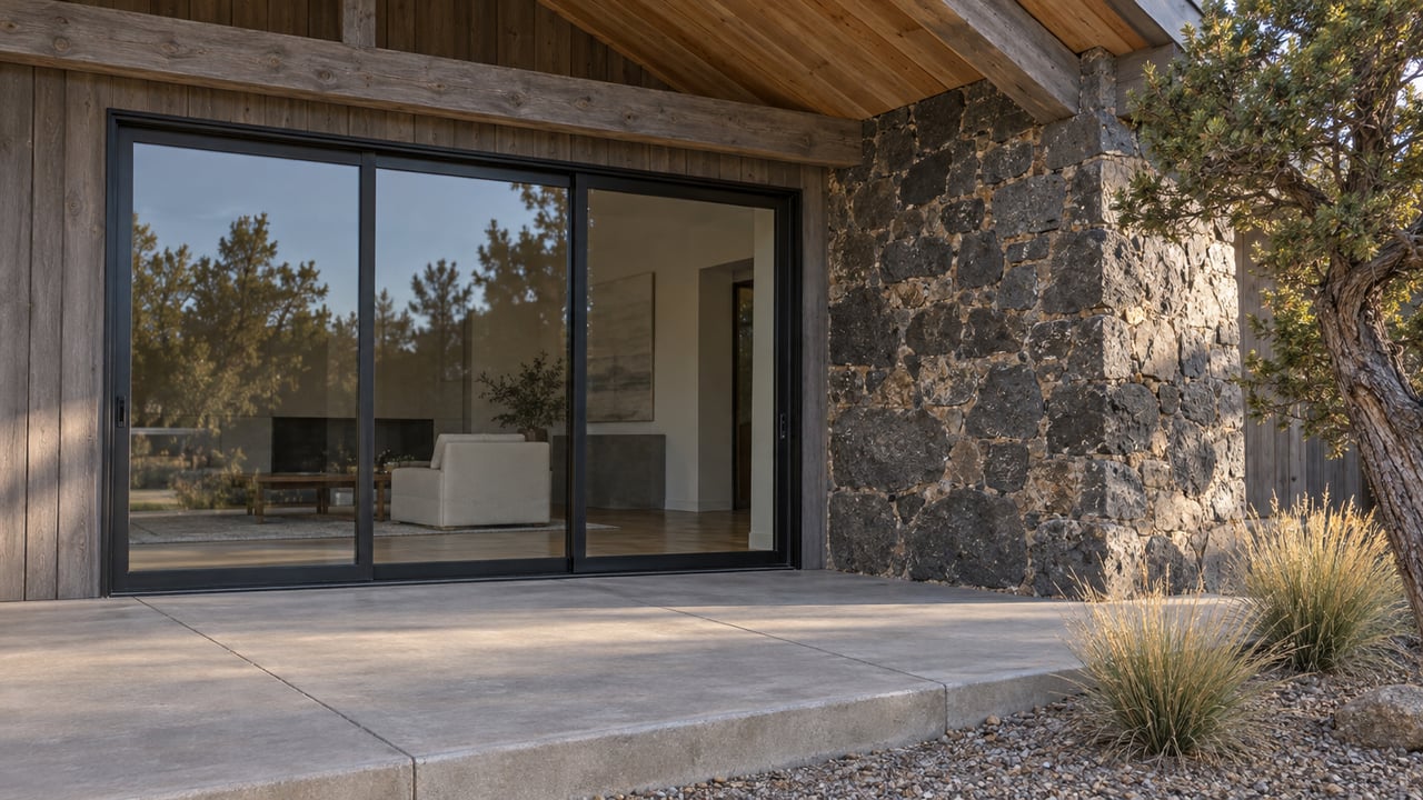 Covered terrace with basalt masonry, timber roof beams and closed black-framed glass doors, beside a sculptural juniper and dry grasses.