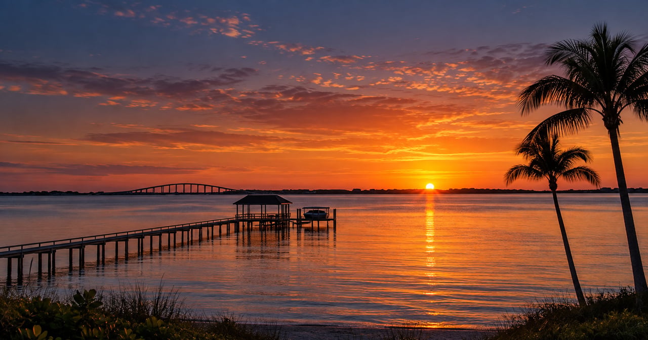 Waterfront sunset with a long dock, silhouetted palms, and a distant arched bridge.