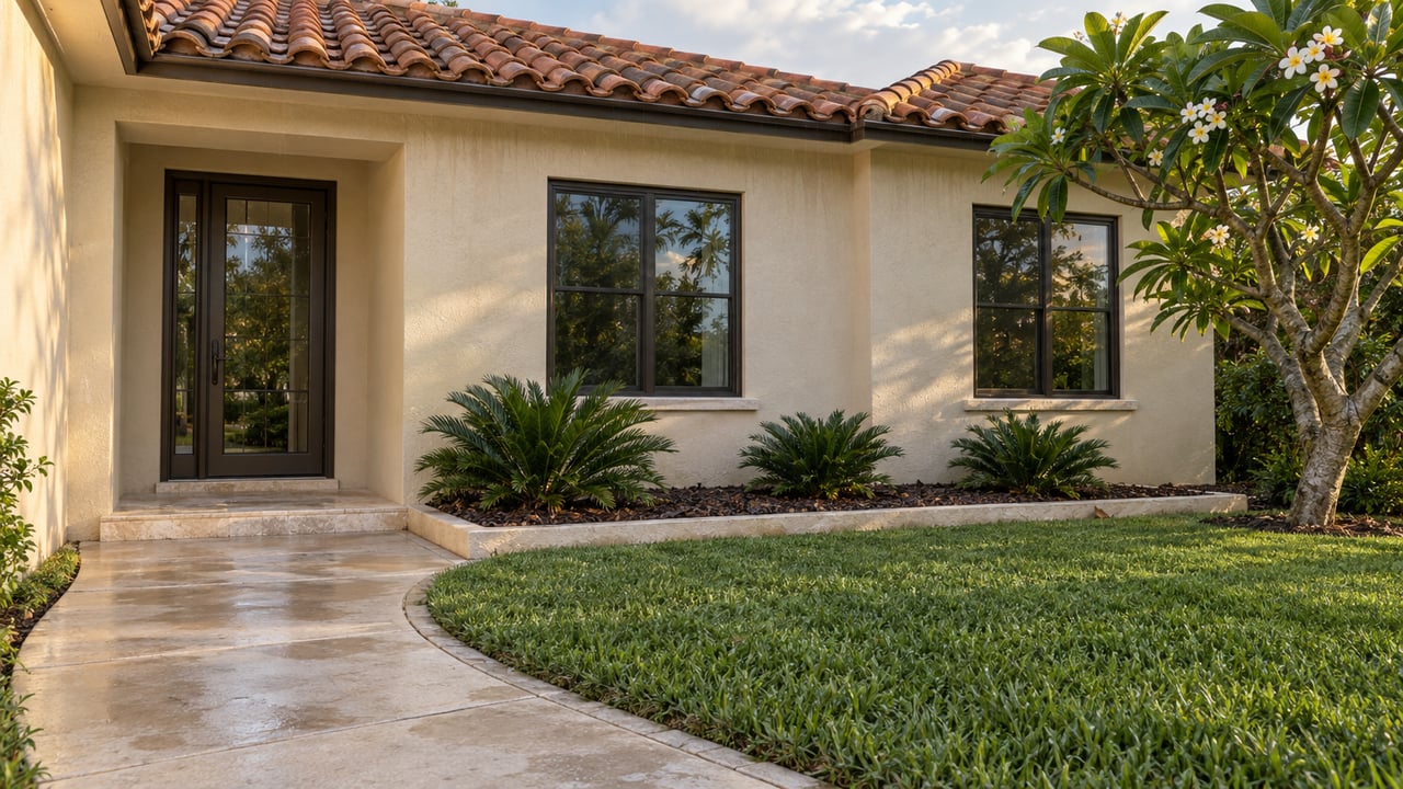 Cream stucco house with a clay-tile roof, curving concrete walk, lawn, and tropical plants.