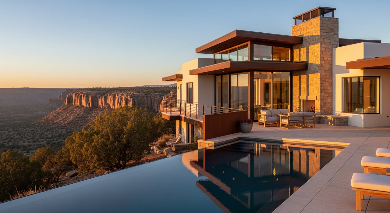 Modern glass-and-stone home with an infinity pool overlooking red rock cliffs at sunset.
