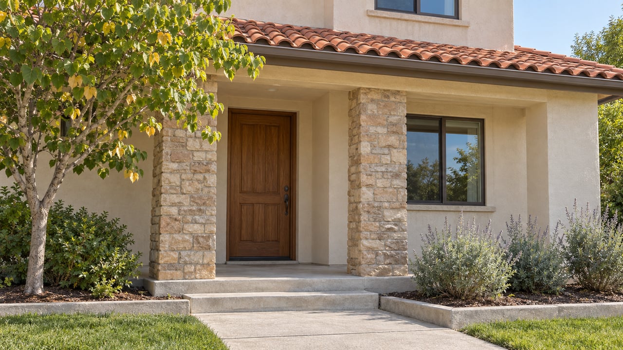 Cream stucco home with a terracotta porch roof, paired stone piers, a wood entry door and a landscaped concrete approach.