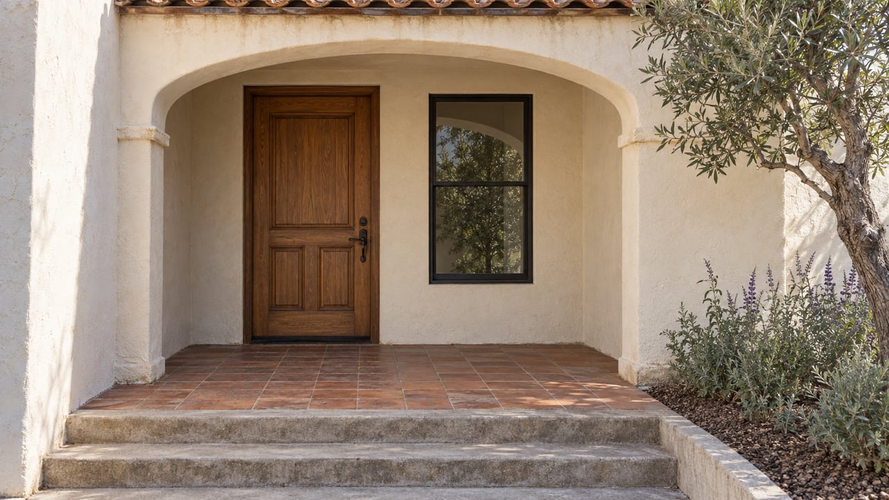 A warm stucco entry with an oak door, black-framed window, worn terracotta landing and olive branches beside broad concrete steps.