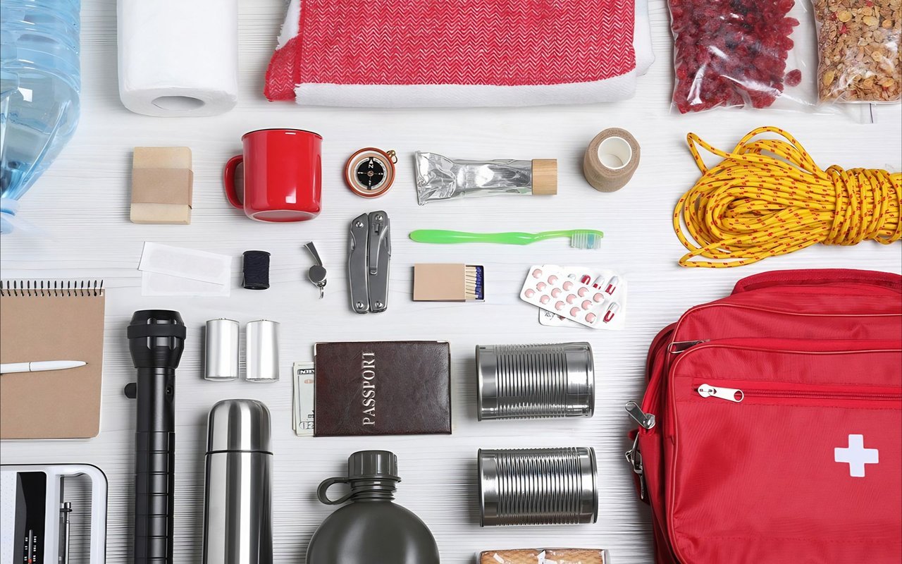 Emergency kit supplies arranged overhead, with a red first-aid backpack, flashlight, rope, and passport.