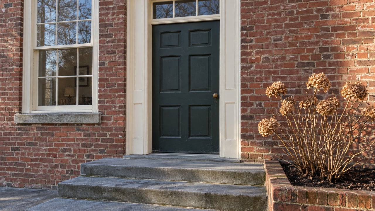 Winter morning light on a historic brick home's green door, ivory window trim and worn bluestone steps beside a dormant hydrangea.