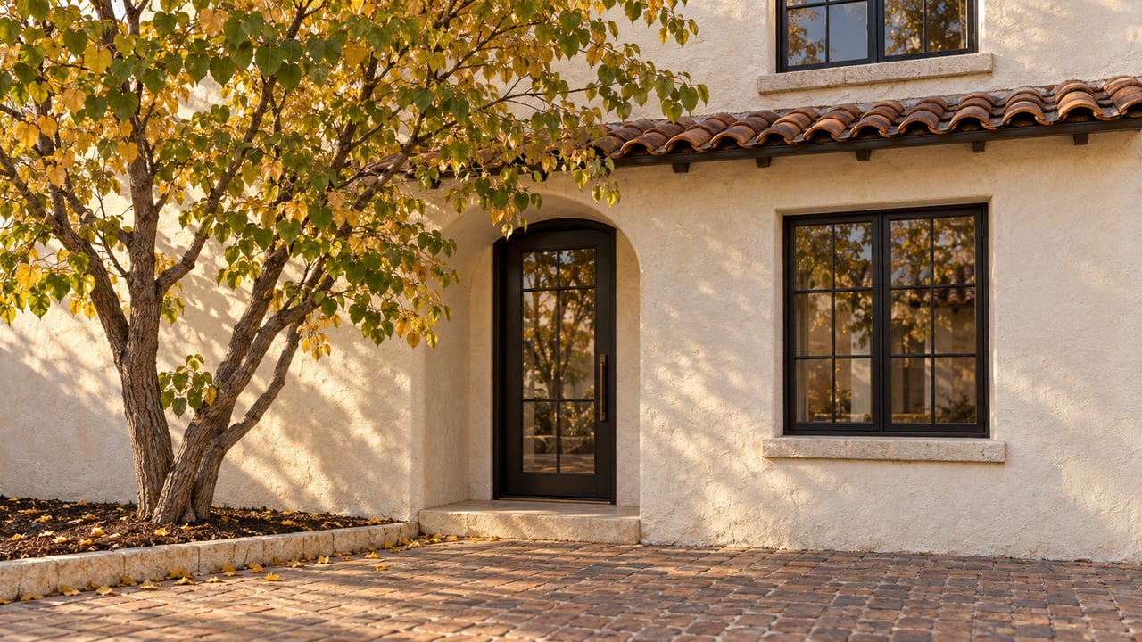 Historic ivory-stucco residence with a recessed arched entry, black-steel casement windows, and a small golden-leaved tree.