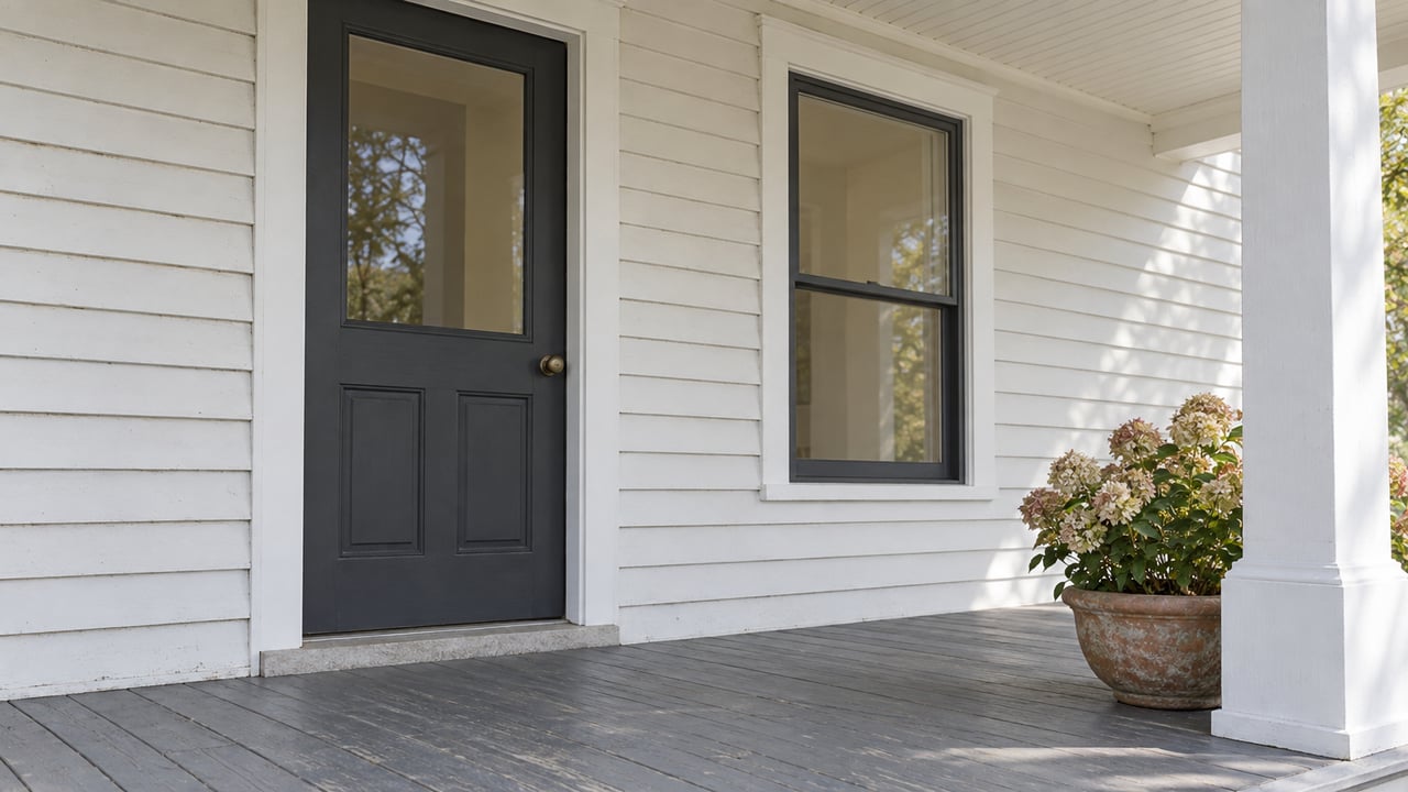 Close view of a white clapboard home's covered porch, charcoal glazed door, sash window, weathered gray floorboards, and a terracotta hydrangea planter.