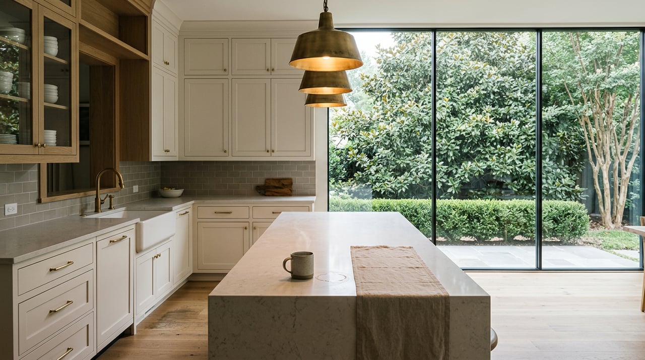 Kitchen with a pale stone island, brass pendants, and magnolia canopy beyond the glass wall.