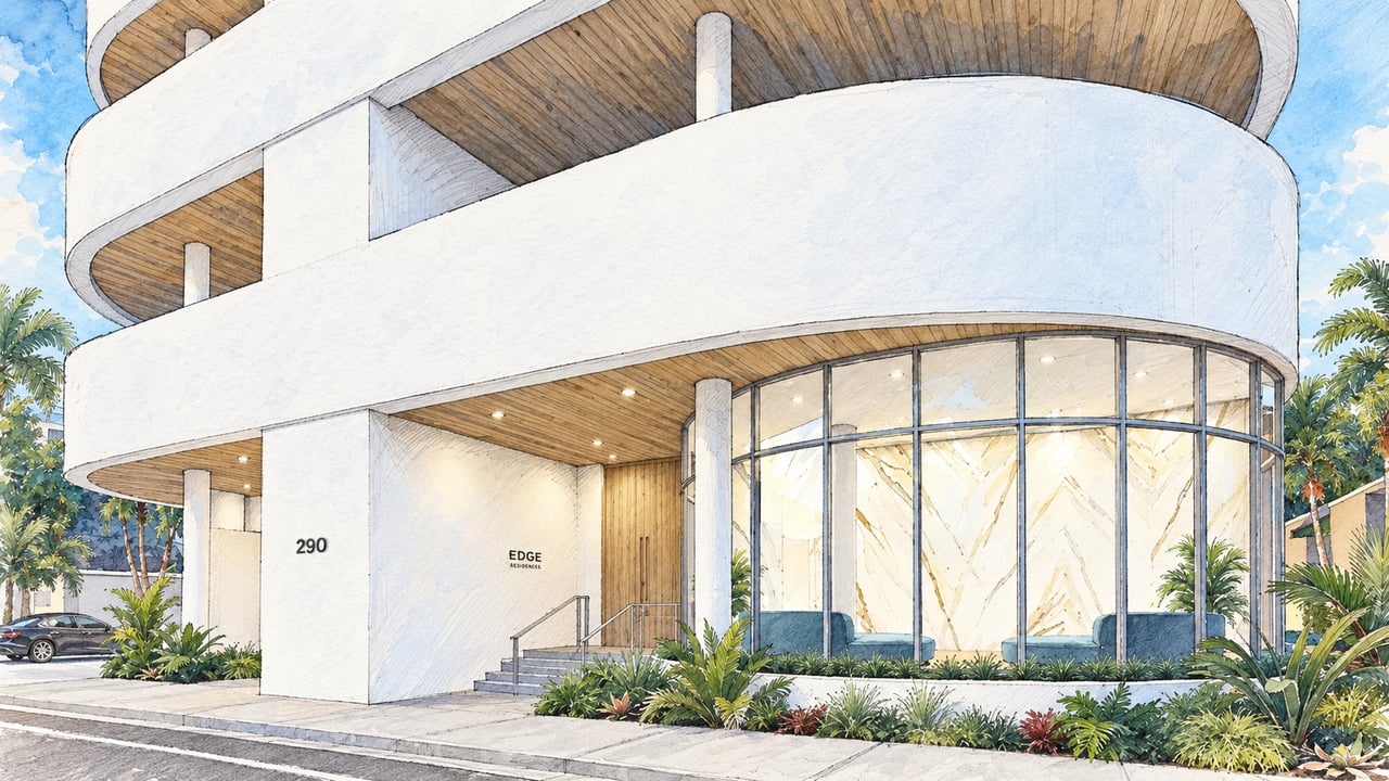 Edge Residences entrance with curved white balconies, a glass lobby, and tropical landscaping.