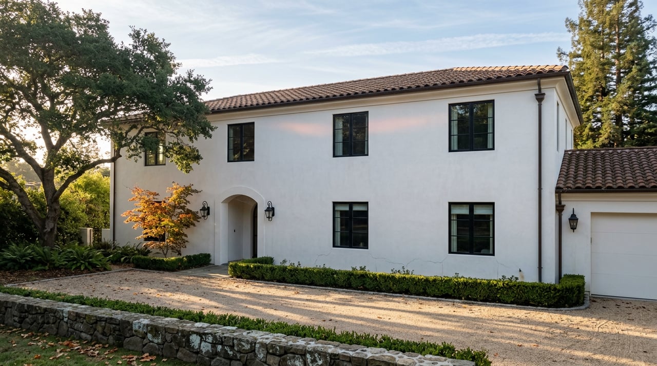 Two-story white stucco estate with an arched entry, terracotta roof, oak canopy, and gravel motor court.