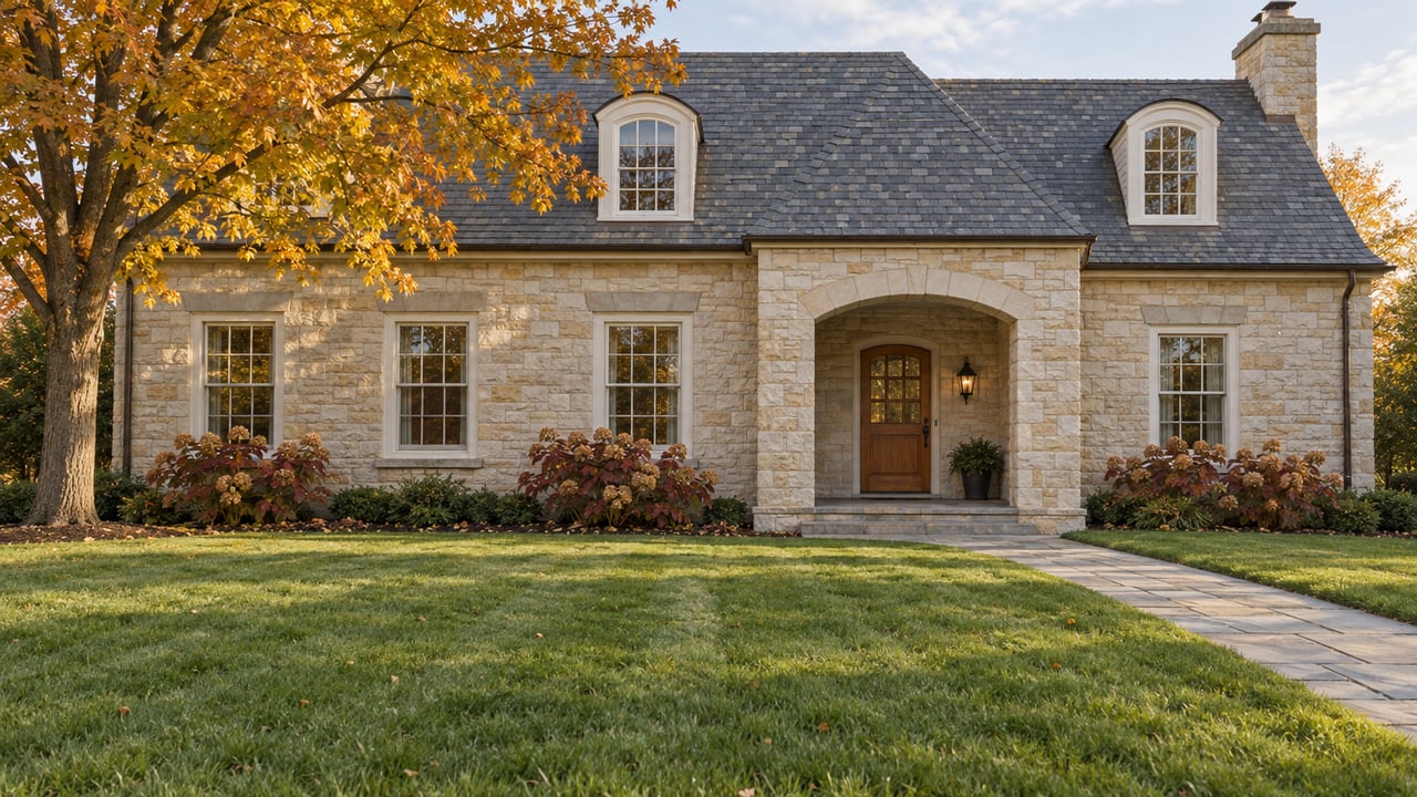 Limestone home with a steep dark roof and arched entry beyond a deep lawn, framed by a maple with golden autumn foliage.