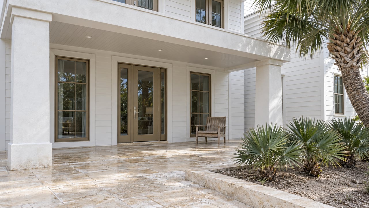 White coastal house with a covered limestone entry terrace, pale bronze glazed doors, a teak chair, and sculptural palms after light rain.