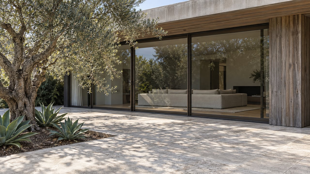 Sunlit limestone terrace beside a glazed modern home, with weathered cedar cladding and a sculptural olive tree.